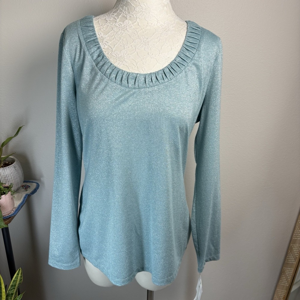 NWT Liz Claiborne Womens L ~ Blue Sparkle Metallic Stripe Long Sleeve Blouse NEW